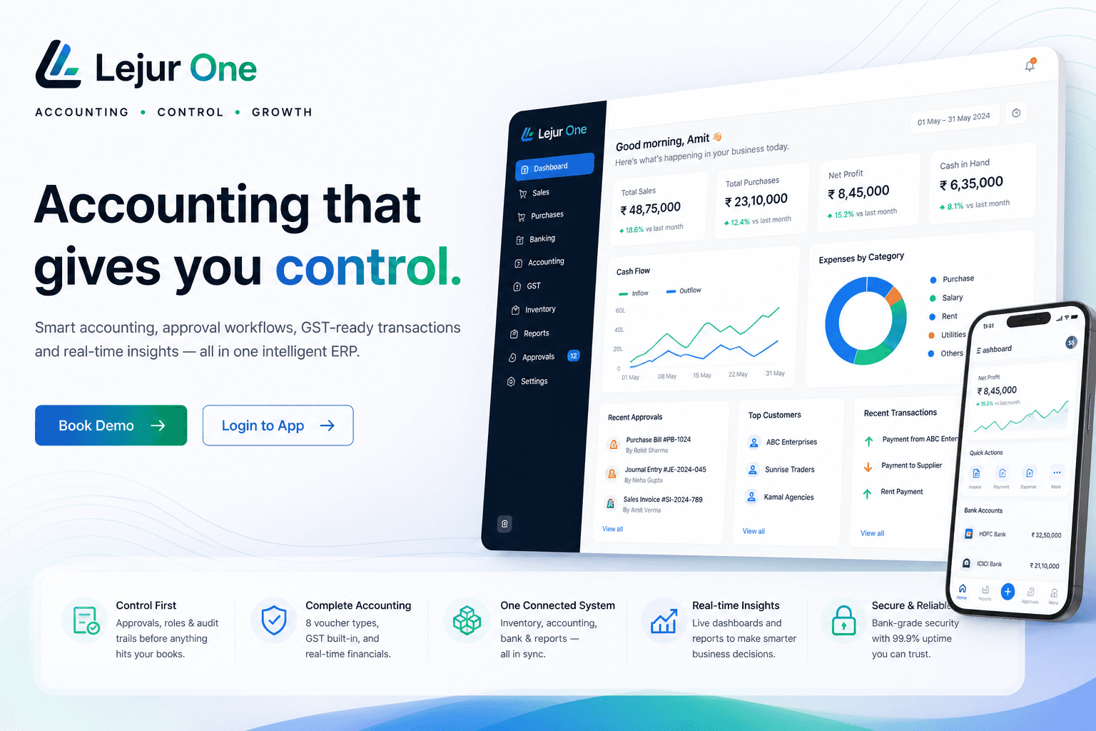 Lejur One accounting dashboard and mobile app preview showing approvals, reports, cash flow, and business controls